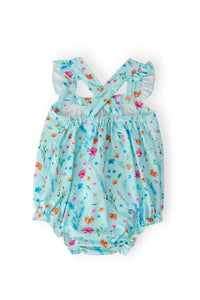 Bluebell Breeze Ruffle Cross Back Romper with floral print, crisscross back straps, ruffled shoulders, and snaps.