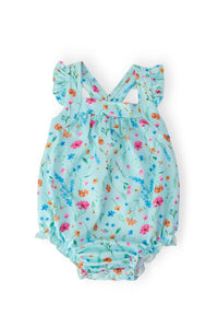 Bluebell Breeze Ruffle Cross Back Romper in light blue floral print with crisscross back straps, ruffles, and snaps