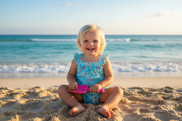 little girl at the beach dressed a blue cross back romper