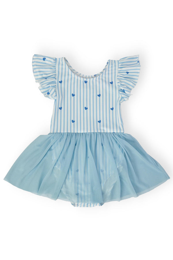 Blue and white striped dress with heart patterns on a white background