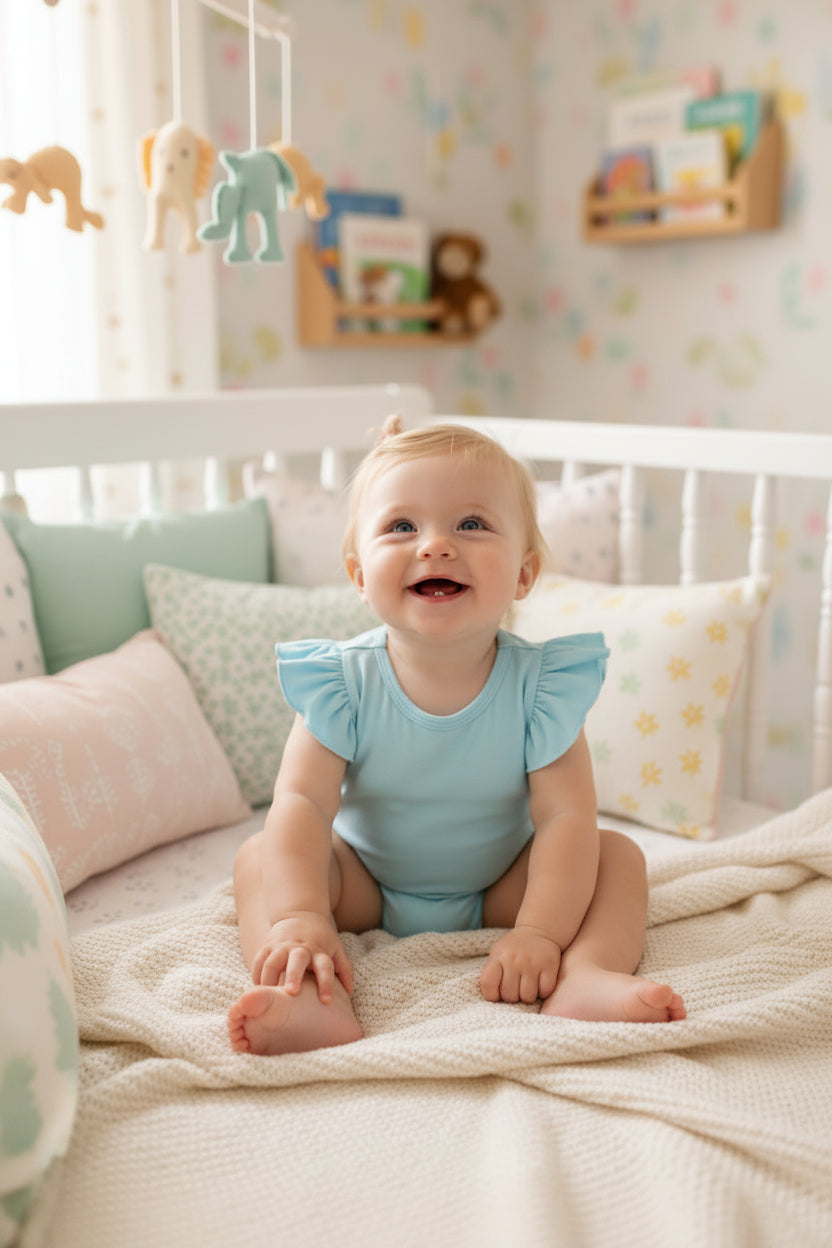 Light blue baby onesie with ruffled sleeves on a white background