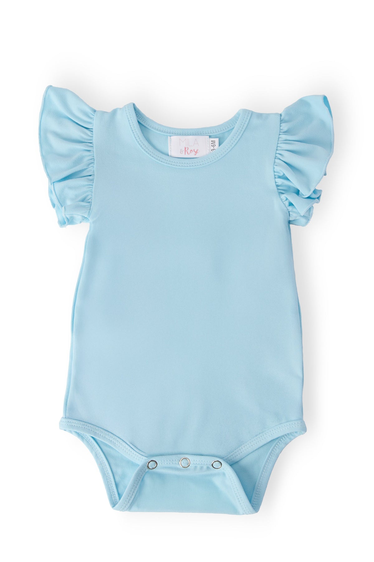 Bluebird Short Sleeve Flutter Bodysuit in light blue with ruffled flutter sleeves and bottom snaps.
