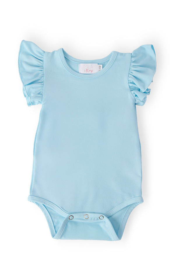 Bluebird Short Sleeve Flutter Bodysuit in light blue with ruffled flutter sleeves and bottom snaps.