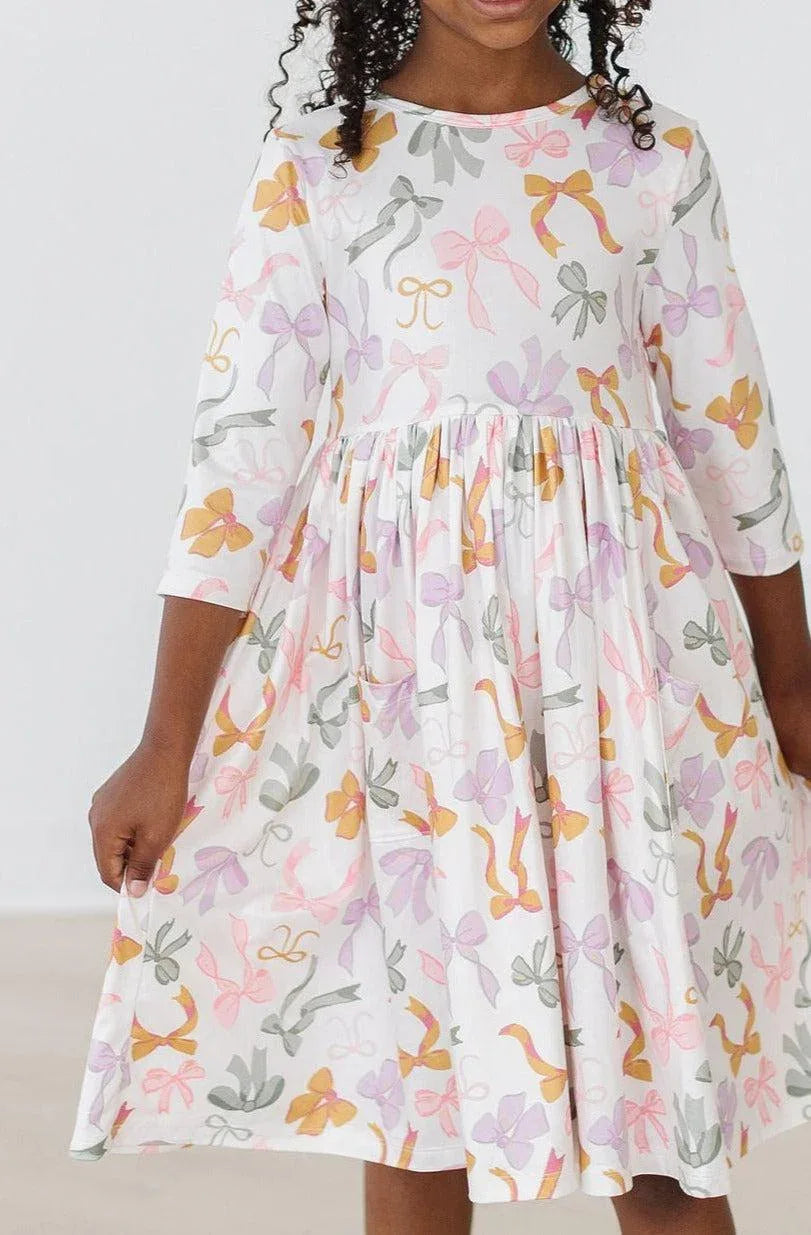  girls white boho bows twirl dress for girls with sleeves and colorful bow print