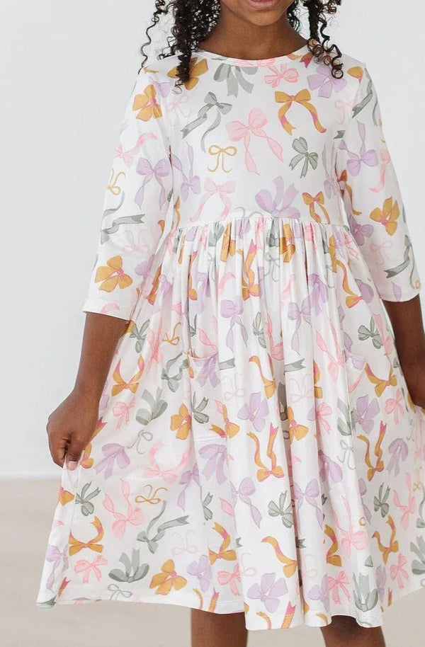  girls white boho bows twirl dress for girls with sleeves and colorful bow print