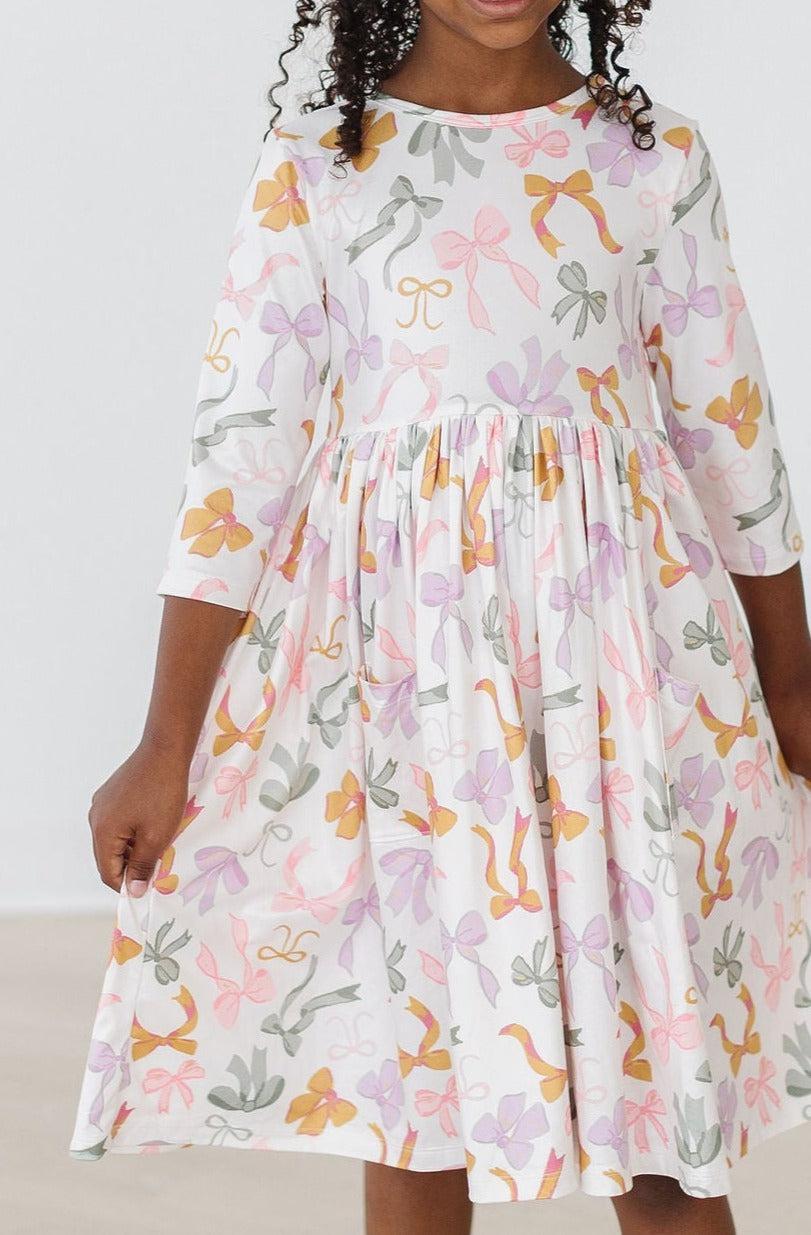 Boho Bows 3/4 Sleeve Pocket Twirl Dress by Mila & Rose, perfect for play and special occasions, showing a colorful twirl-worthy design.
