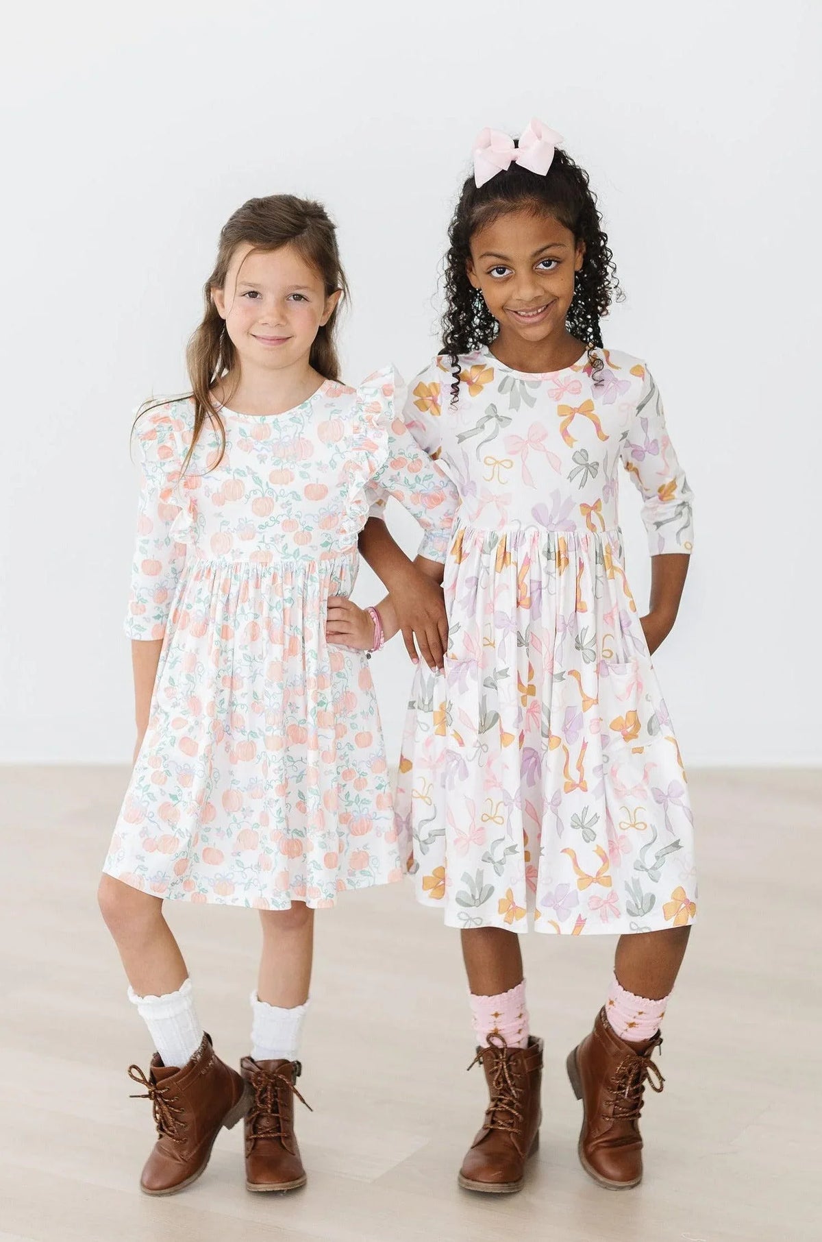 Girls sleeve boho bows twirl dress for girls in pastel colors with playful prints