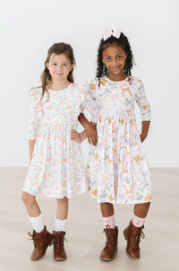 Girls sleeve boho bows twirl dress for girls in pastel colors with playful prints