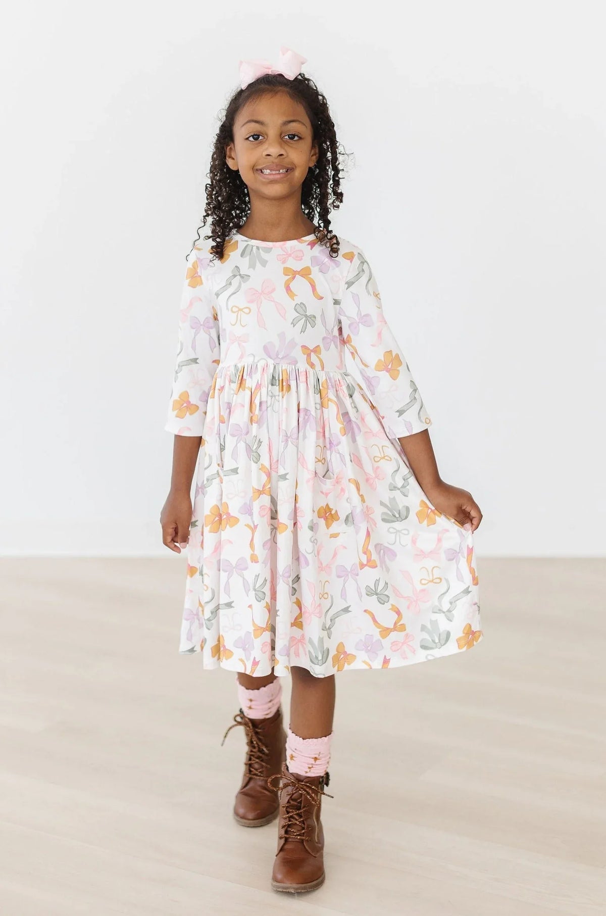 Girls white boho bows twirl dress for girls with sleeves and gathered waist, size for young girls