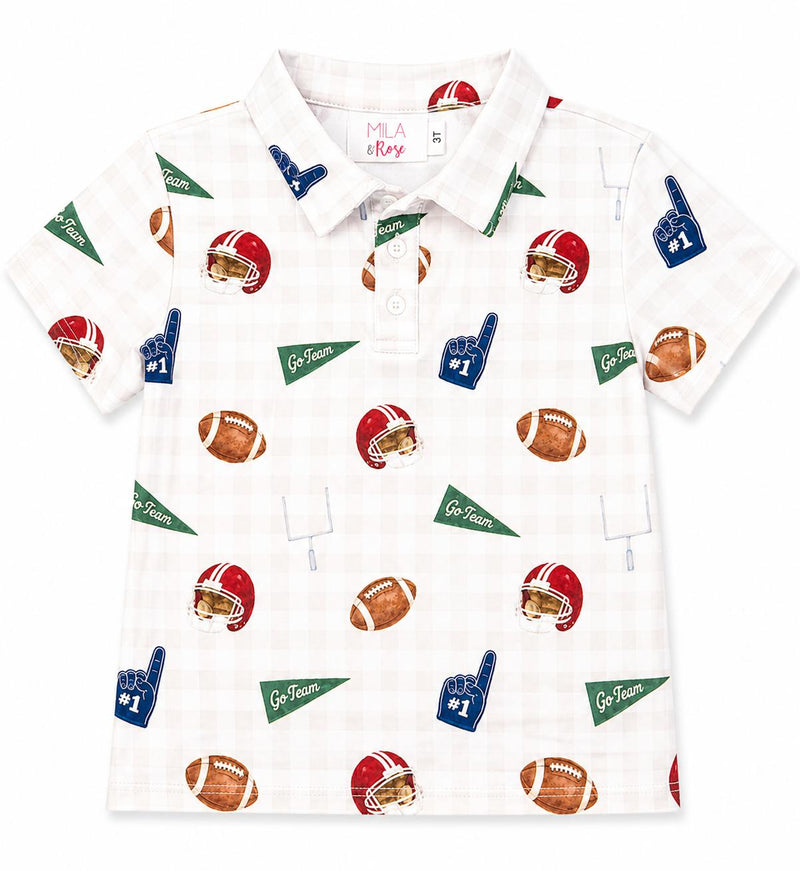 Boys' Friday Night Lights short-sleeve polo with football-themed print: helmets, footballs, foam fingers, Go Team.
