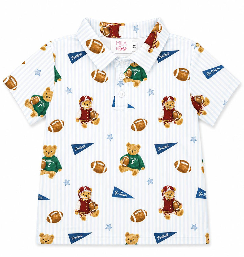 Boys Varsity Bears S/S Polo featuring football bear patterns on light blue striped fabric, relaxed fit.