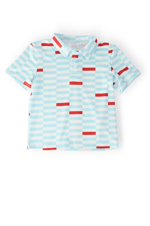 Boys Block Party Short Sleeve Polo in light blue and white checkered pattern with red accents.