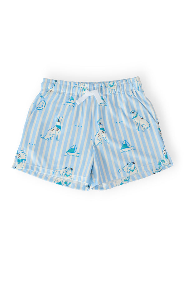 Boys Seaside Pup Play Shorts in blue stripes with pup boat print, soft flexible fabric, drawstring waist, relaxed fit.