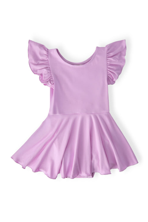 Bright lilac short-sleeve twirl leotard with ruffled sleeves for little dancers.