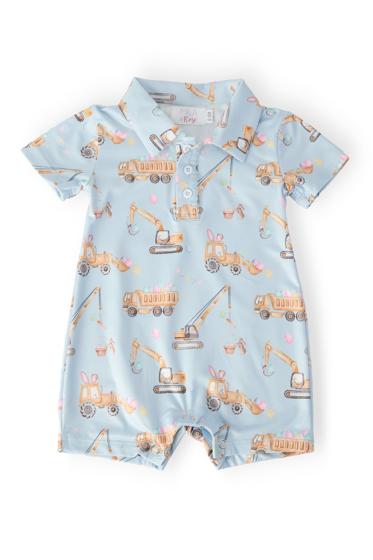 Bunny Builders light-blue polo shorty one-piece for boys with construction vehicle print and snap closure