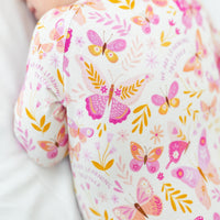 The Second-Skin Convertible Romper butterfly print fabric in Raising Mama viscose from bamboo.