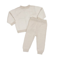 Baby knit sweater in oatmeal and cream stripe with ribbed neck and cuffs, paired with solid oatmeal pull-on knit pants.