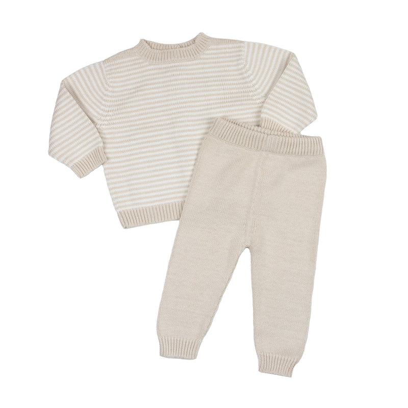 Baby knit sweater in oatmeal and cream stripe with ribbed neck and cuffs, paired with solid oatmeal pull-on knit pants.