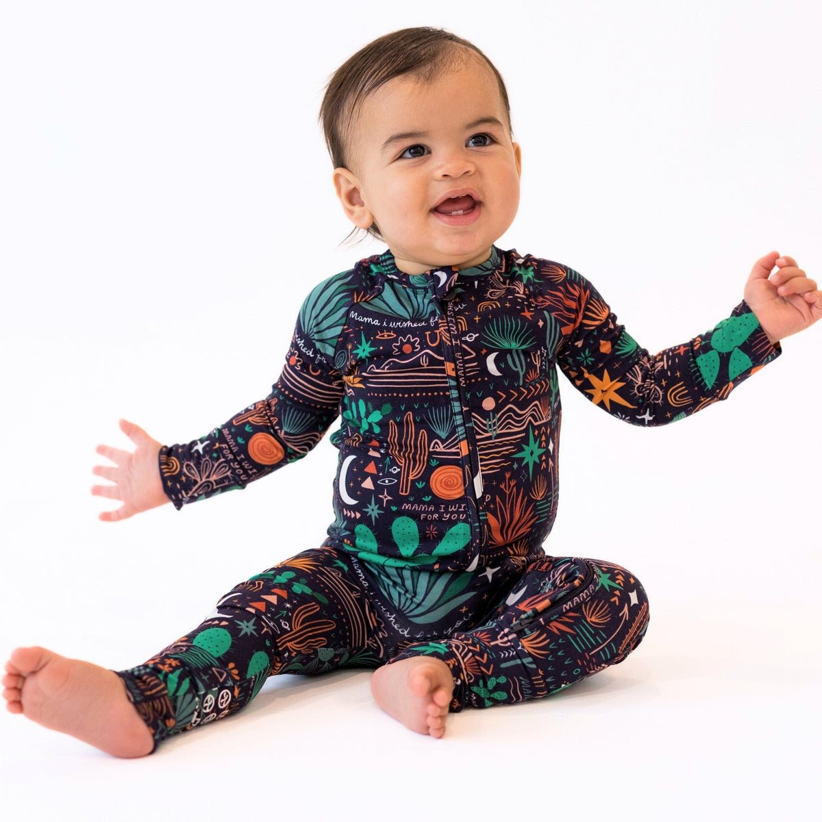 Baby in The Second-Skin Convertible Romper Desert Cactus Midnight, buttery-soft Raising Mama viscose from bamboo