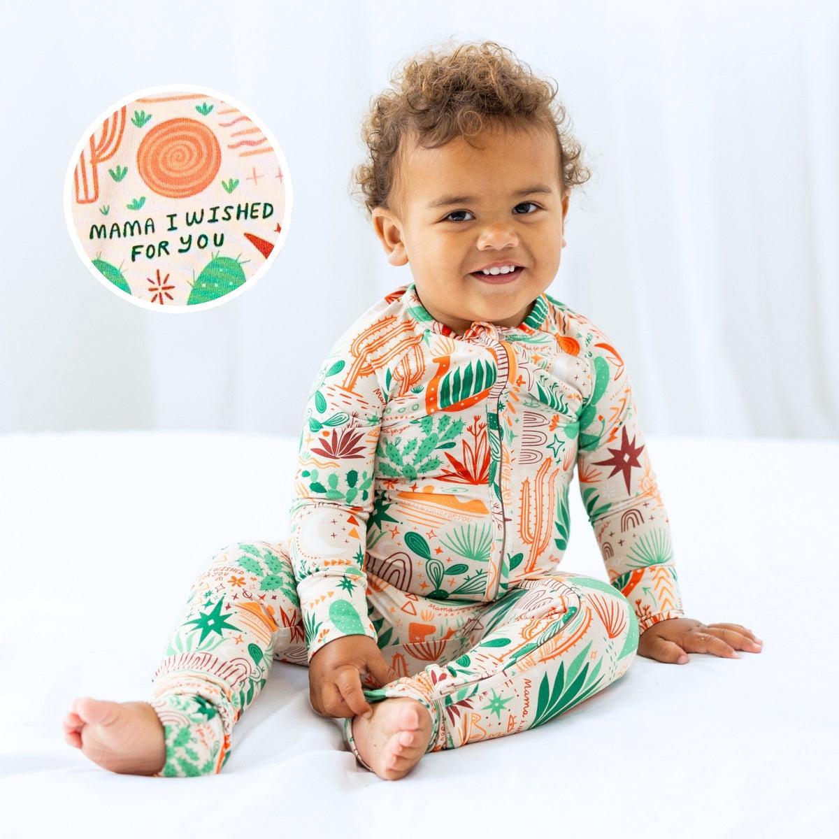 Baby in The Second-Skin Convertible Romper Desert Cactus beige; zipper romper with inset Mama I wished for you.