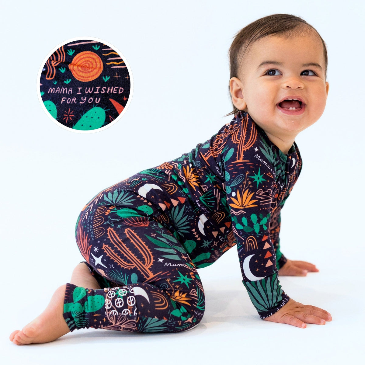 Baby in Desert Cactus (Midnight) Second-Skin Convertible Romper, zippered, buttery-soft bamboo viscose.