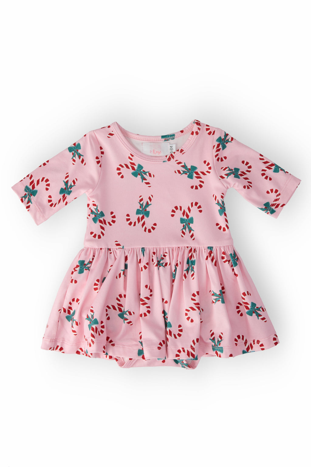 Candy Cane Cutie 3/4 Sleeve Twirl Bodysuit in pink with candy cane pattern, featuring a twirl skirt design, perfect for festive occasions.