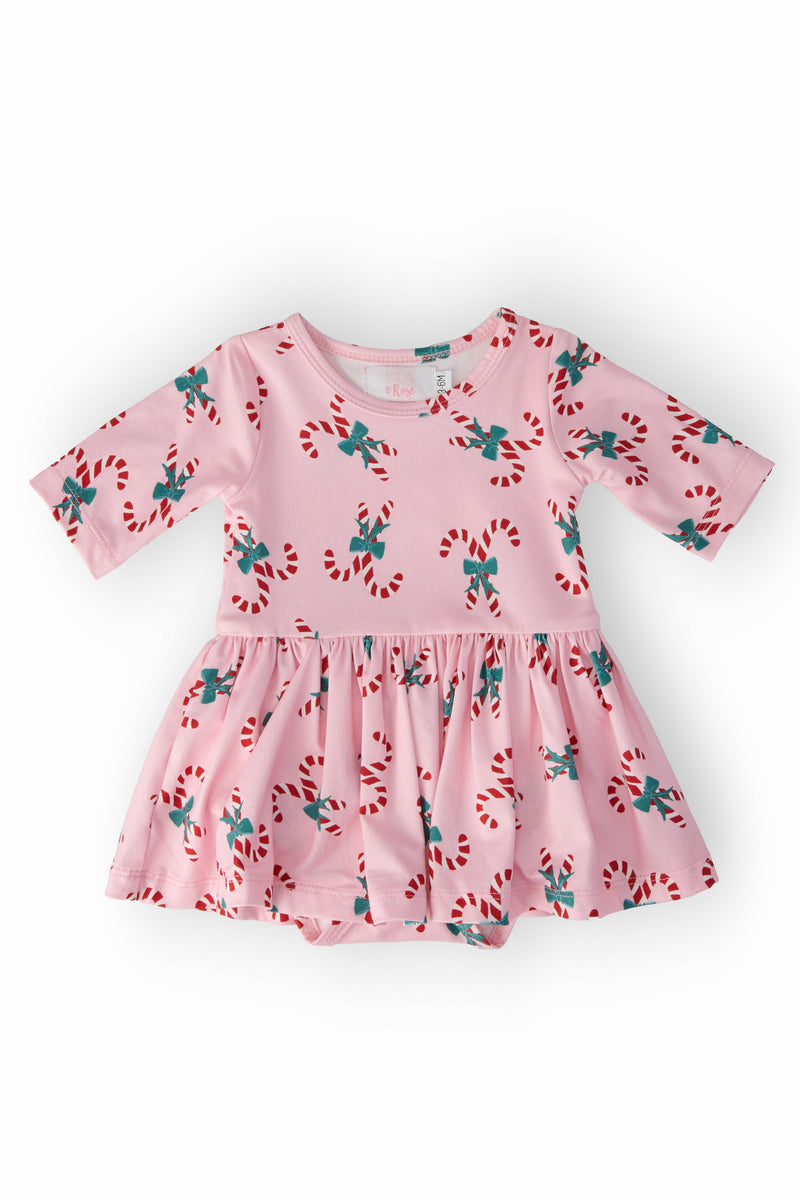 Candy Cane Cutie 3/4 Sleeve Twirl Bodysuit in pink with candy cane pattern, featuring a twirl skirt design, perfect for festive occasions.