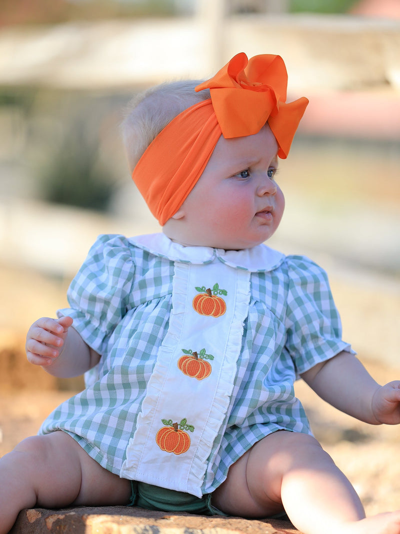 Fall Halloween & Thanksgiving Applique Plaid Girls Bloomers Romper Set - The Palm Beach Baby Rylee Faith Designs