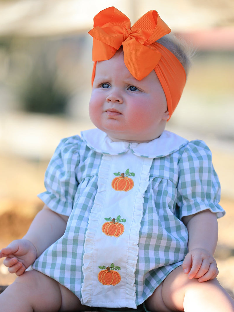 Fall Halloween & Thanksgiving Applique Plaid Girls Bloomers Romper Set - The Palm Beach Baby Rylee Faith Designs