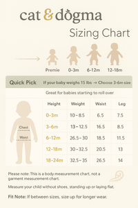 Cat & Dogma baby sizing guide for organic cotton sleepsacks. Includes weight, height, waist, and leg measurements for Premie through 24 months.