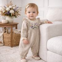 Embroidered Wildflower Linen Baby Romper With Lace Trim - The Palm Beach Baby
