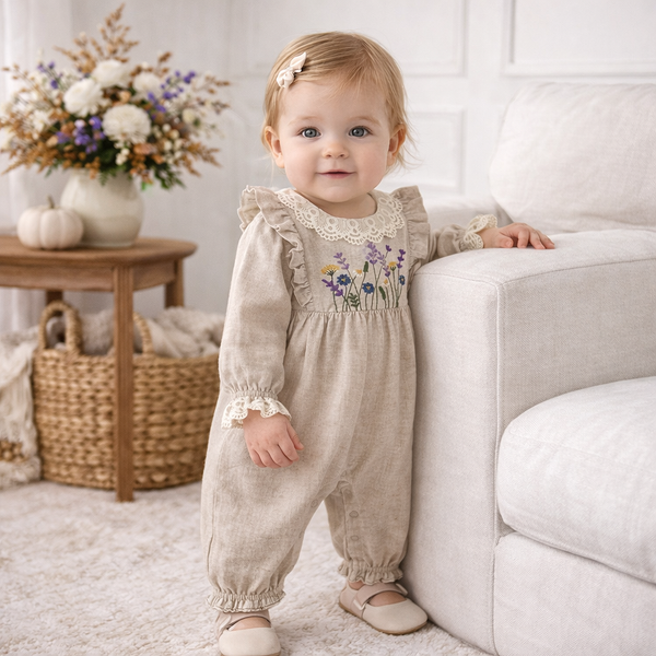 Embroidered Wildflower Linen Baby Romper With Lace Trim - The Palm Beach Baby