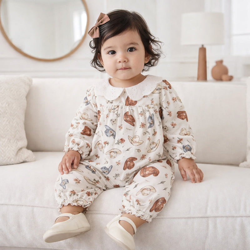 Larkspur Prairie Linen Western Romper With Eyelet Collar - The Palm Beach Baby