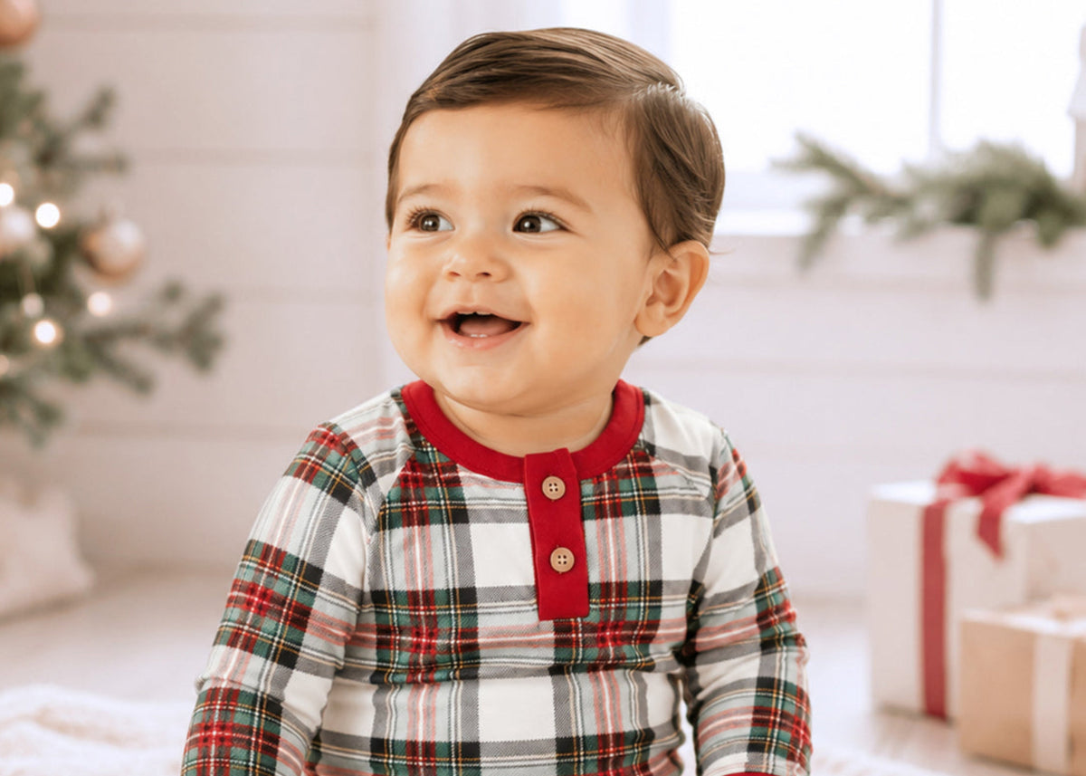 Baby Christmas Plaid Henley Bamboo Romper - The Palm Beach Baby