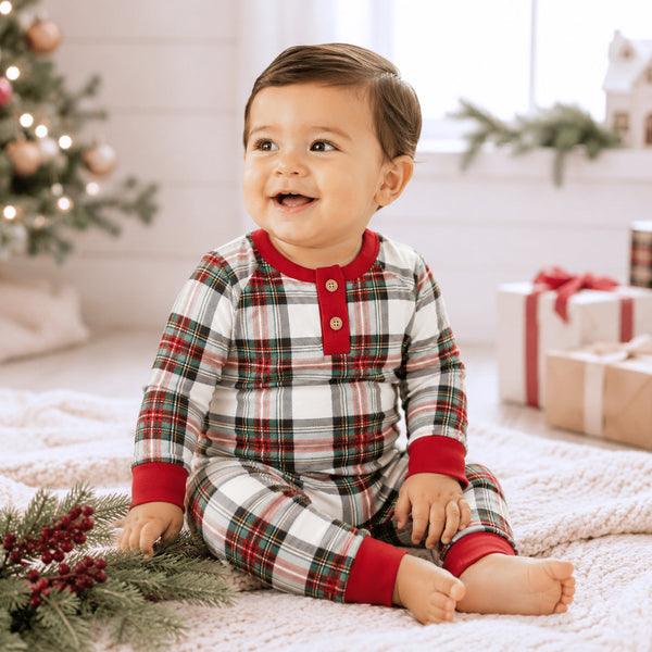Baby Christmas Plaid Henley Bamboo Romper - The Palm Beach Baby