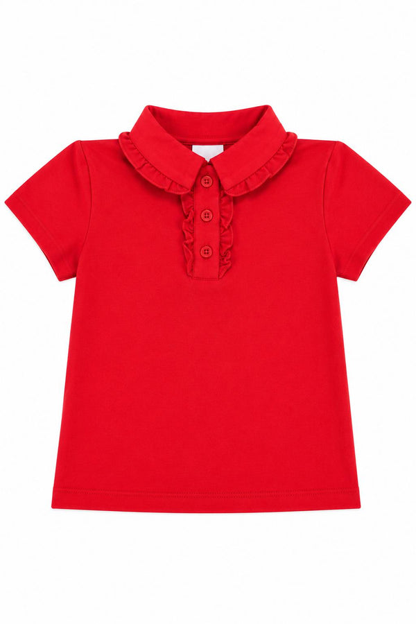 Red short sleeve ruffle polo for girls featuring a feminine ruffled collar and button placket for a polished yet playful school style.