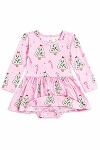 Pink long sleeve twirl bodysuit with Christmas cookie and candy cane print, featuring snap closure for easy diaper changes.