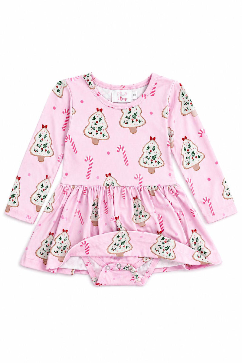 Pink long sleeve twirl bodysuit with Christmas cookie and candy cane print, featuring snap closure for easy diaper changes.