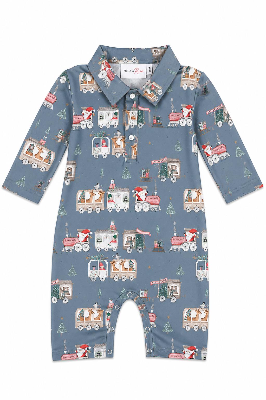 Blue North Pole Express long-sleeve polo one-piece for boys with train and Santa print, snap closure.