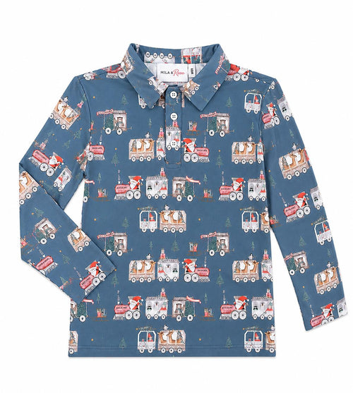 North Pole Express long sleeve polo in blue with festive train print and button placket.