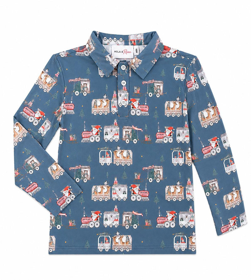 North Pole Express long sleeve polo in blue with festive train print and button placket.