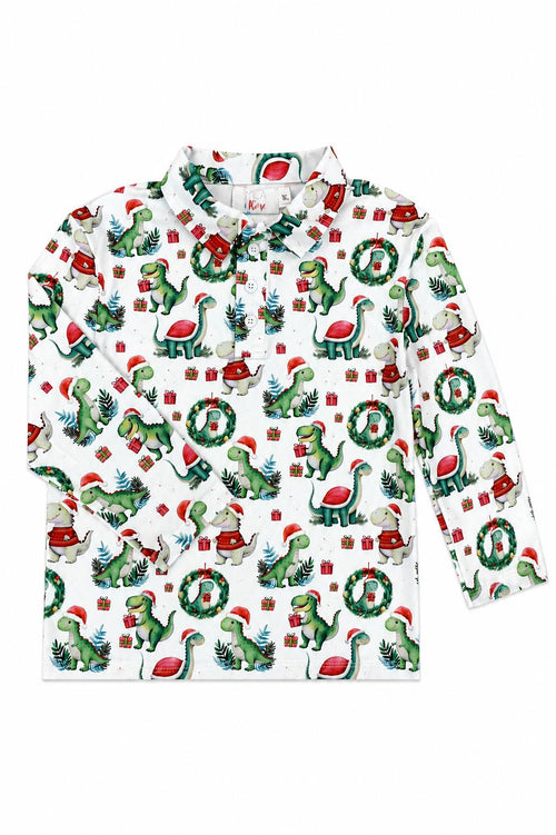 White long sleeve polo shirt featuring a festive Santa Saurus print with dinosaurs, Santa hats, wreaths, and gifts.