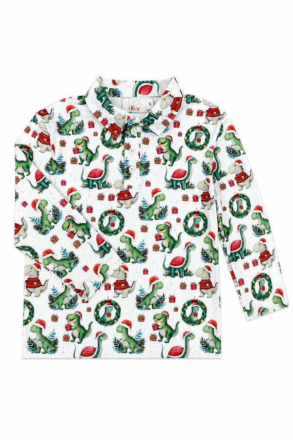 White long sleeve polo shirt featuring a festive Santa Saurus print with dinosaurs, Santa hats, wreaths, and gifts.