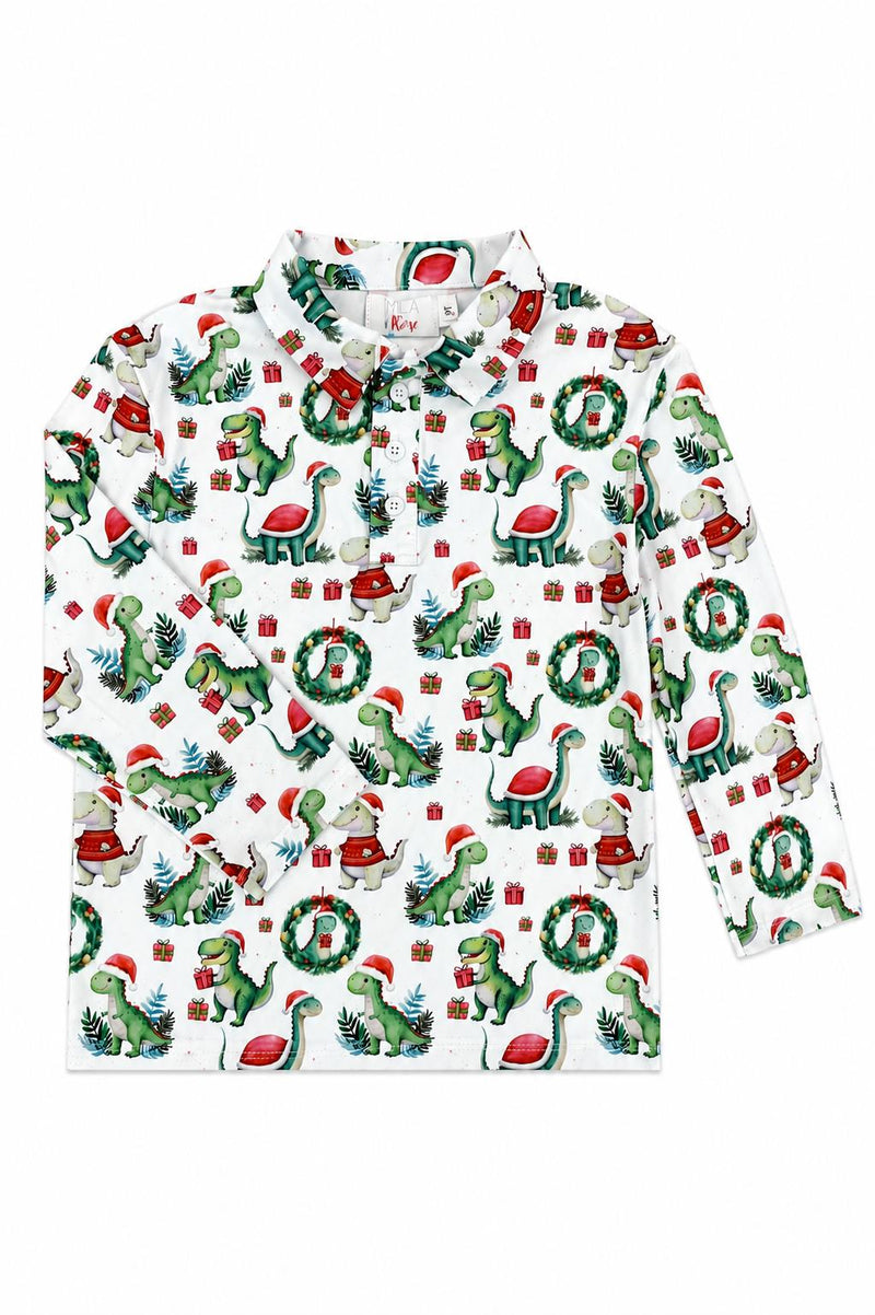 White long sleeve polo shirt featuring a festive Santa Saurus print with dinosaurs, Santa hats, wreaths, and gifts.