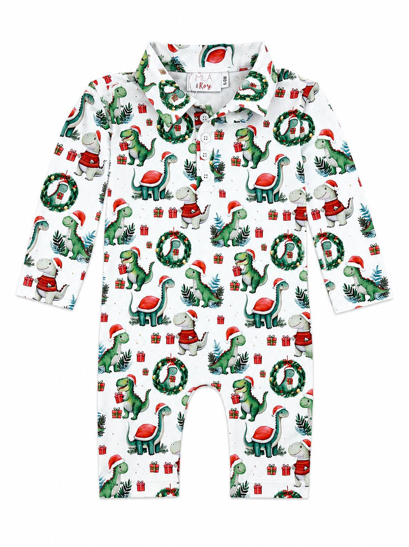 Santa Saurus long-sleeve polo one-piece romper with Christmas dinosaur prints, Santa hats, wreaths and gifts on white