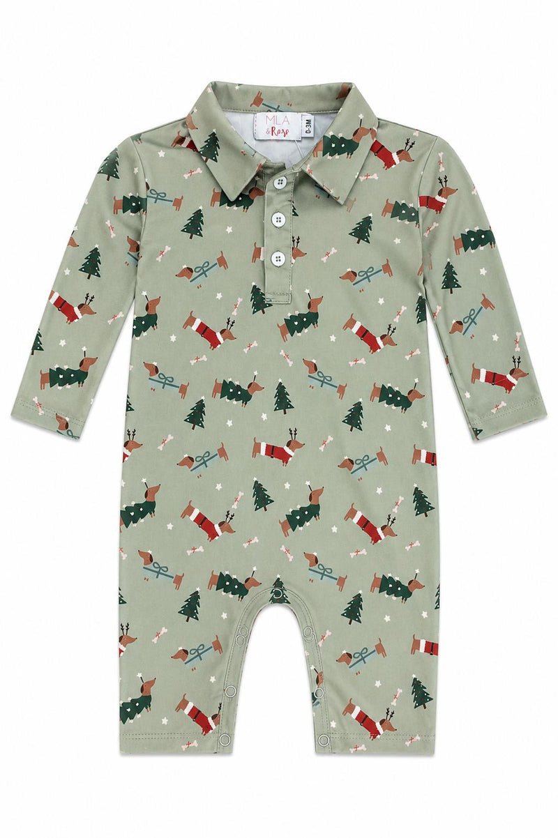 Dachshund Through the Snow Long Sleeve Polo One-Piece - The Palm Beach Baby