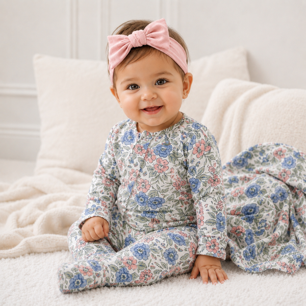 Smiling baby girl in a vintage blue and pink floral zipper romper with a pink bow headband, sitting on a soft white blanket.