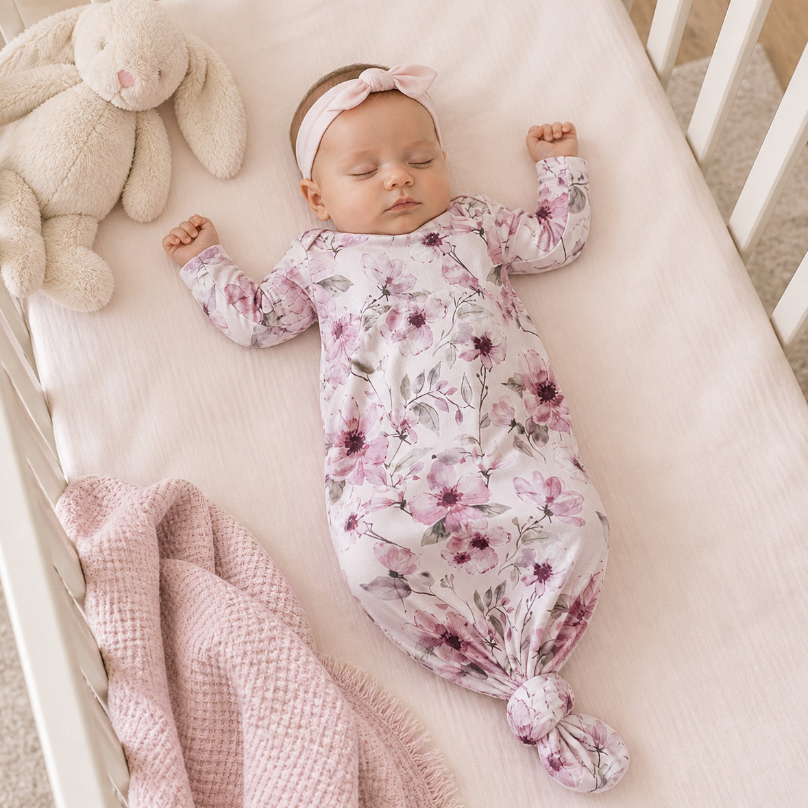 A sleeping baby wearing a pink floral footed sleeper and matching headband, lying on a cream mattress in a white crib with a plush bunny toy and pink blanket nearby.