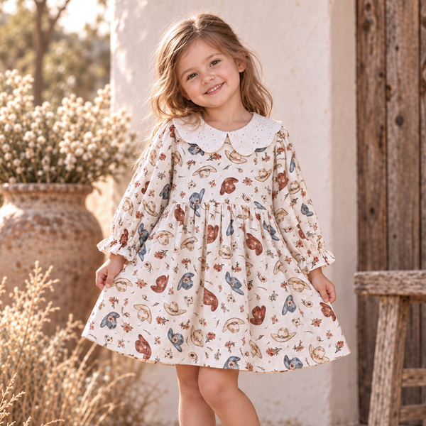 Larkspur Prairie Linen Western Dress With Eyelet Collar - The Palm Beach Baby