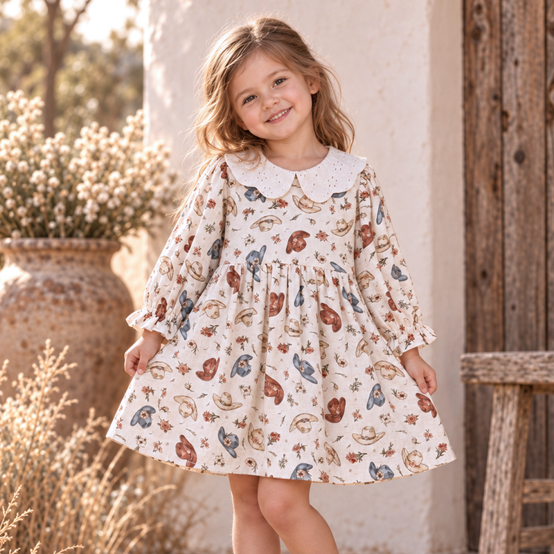 Larkspur Prairie Linen Western Dress With Eyelet Collar - The Palm Beach Baby